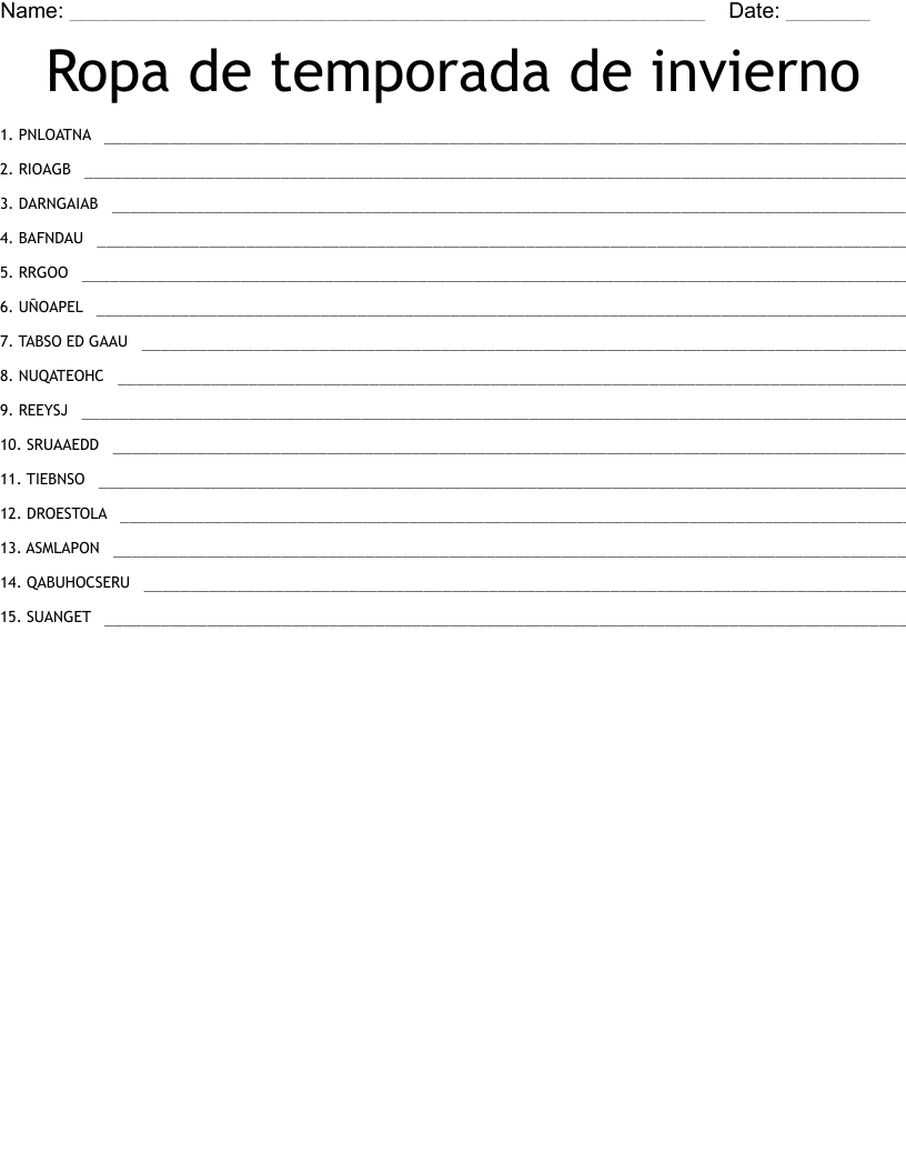 Ropa de temporada de invierno Word Scramble