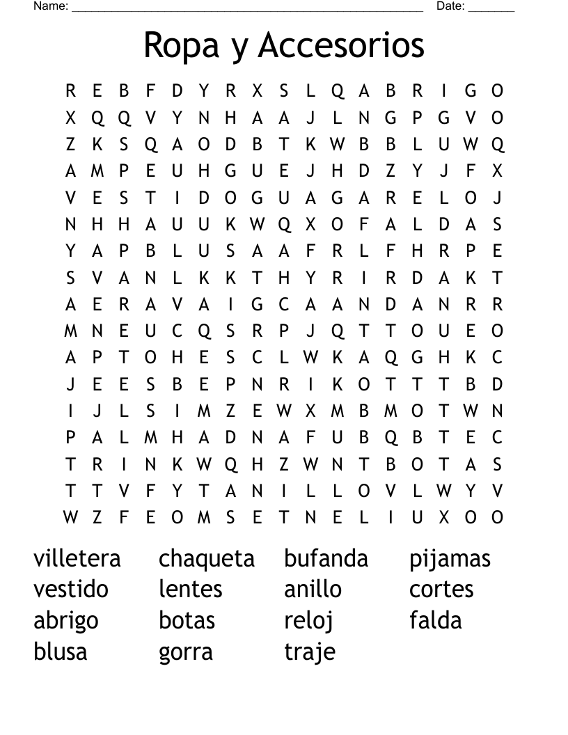 Ropa y Accesorios Word Search
