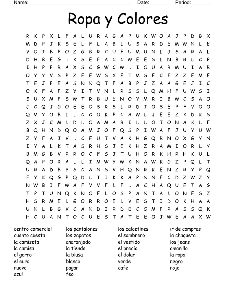 Ropa y Colores Word Search