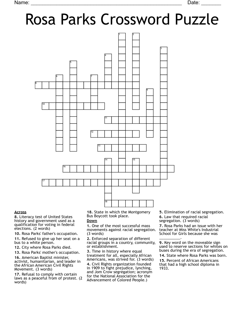 Rosa Parks Crossword Puzzle