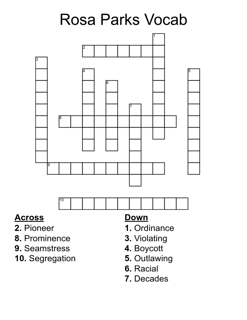 Rosa Parks Vocab Crossword