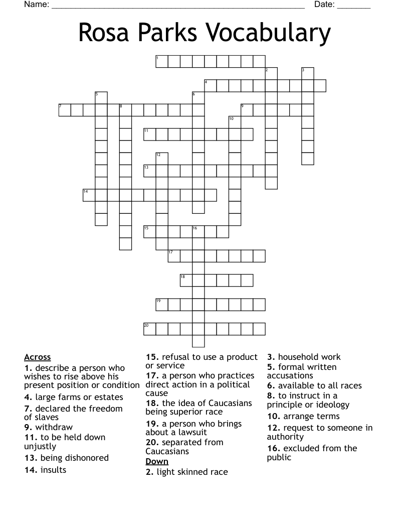 Rosa Parks Vocabulary Crossword