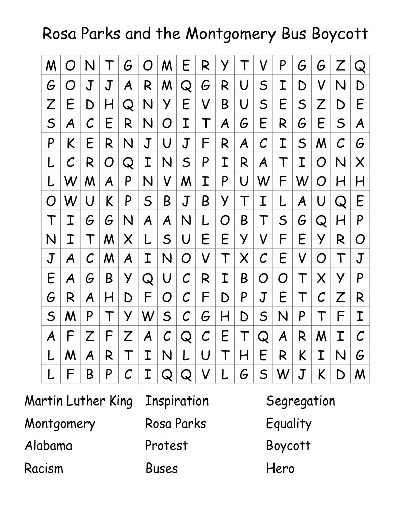Rosa Parks and the Montgomery Bus Boycott Word Search