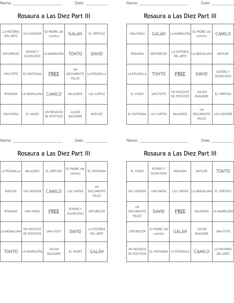 Rosaura a Las Diez Part III Bingo Cards