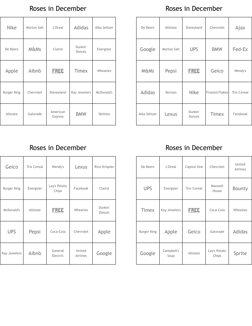 Roses in December Bingo Cards