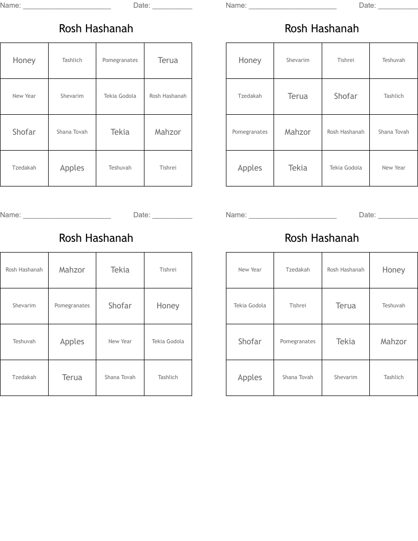 Rosh Hashanah Bingo Cards