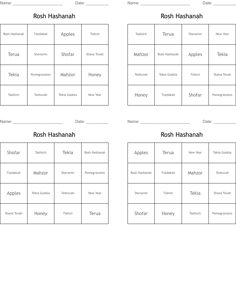 Rosh Hashanah Bingo Cards