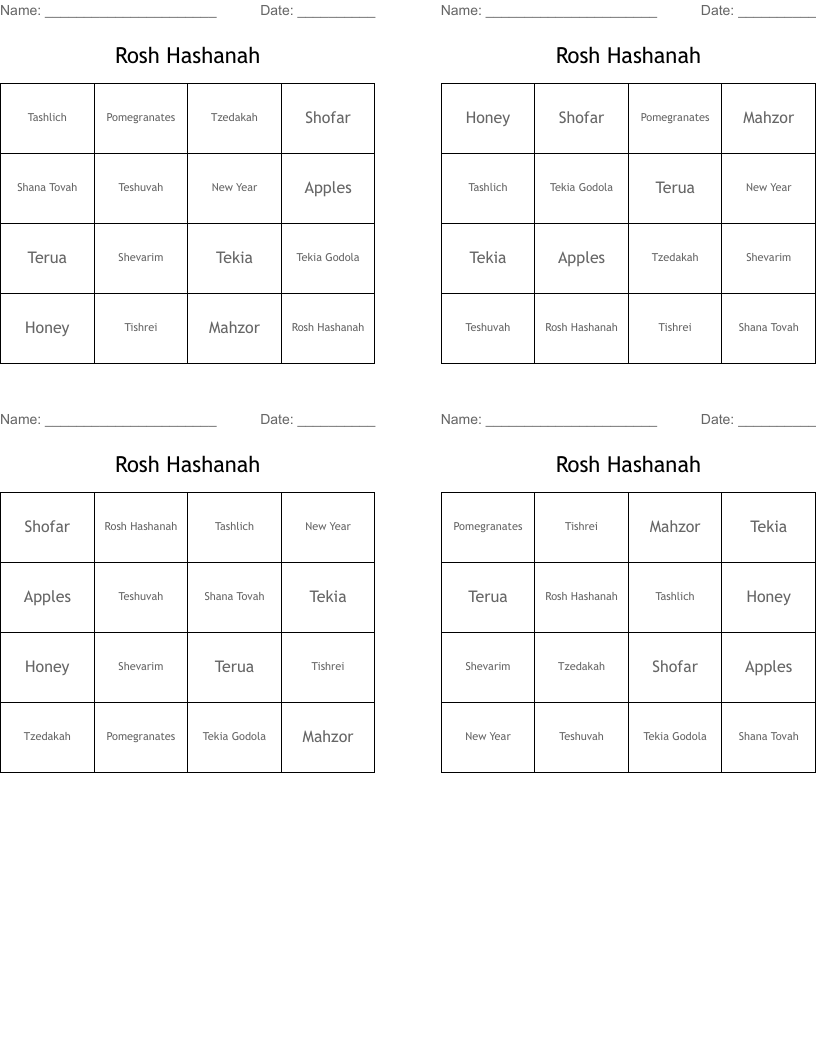 Rosh Hashanah Bingo Cards