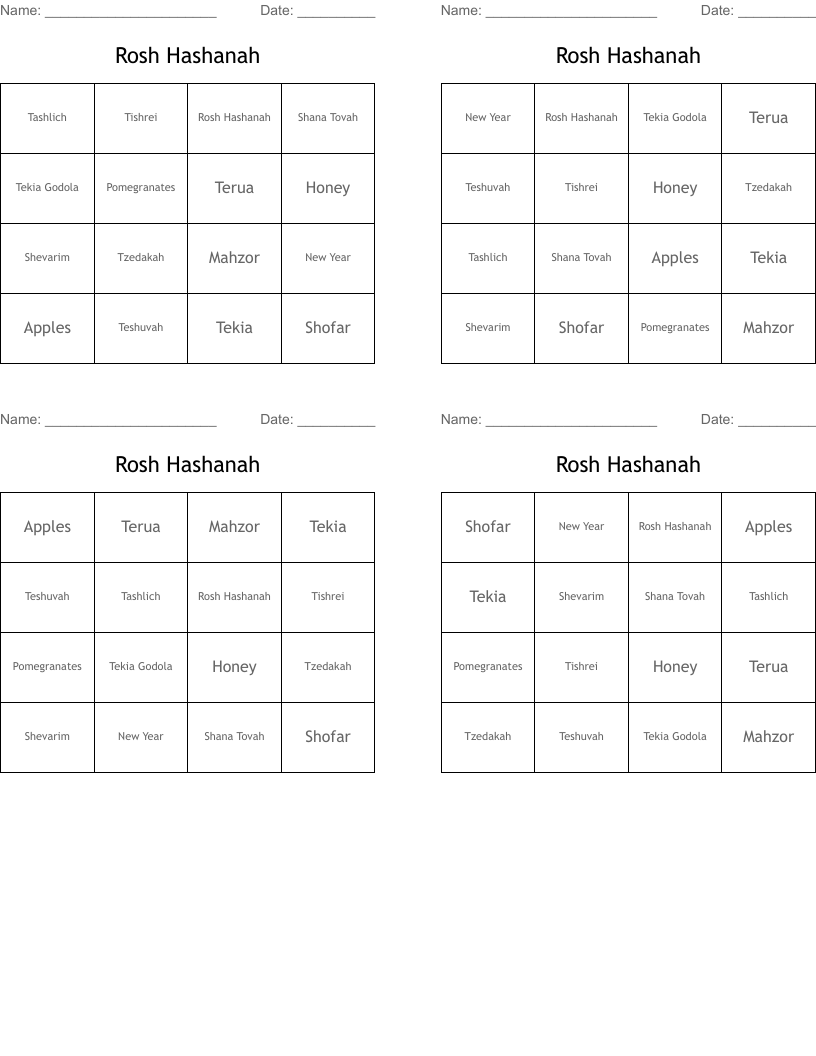 Rosh Hashanah Bingo Cards