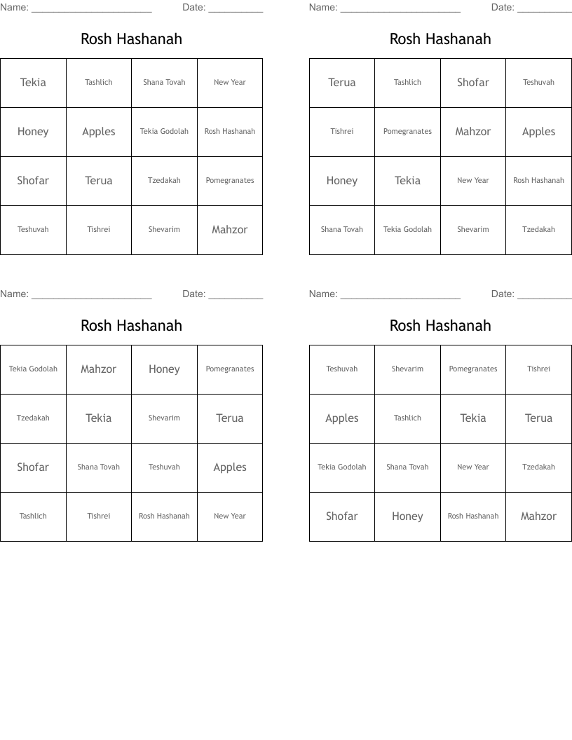 Rosh Hashanah Bingo Cards