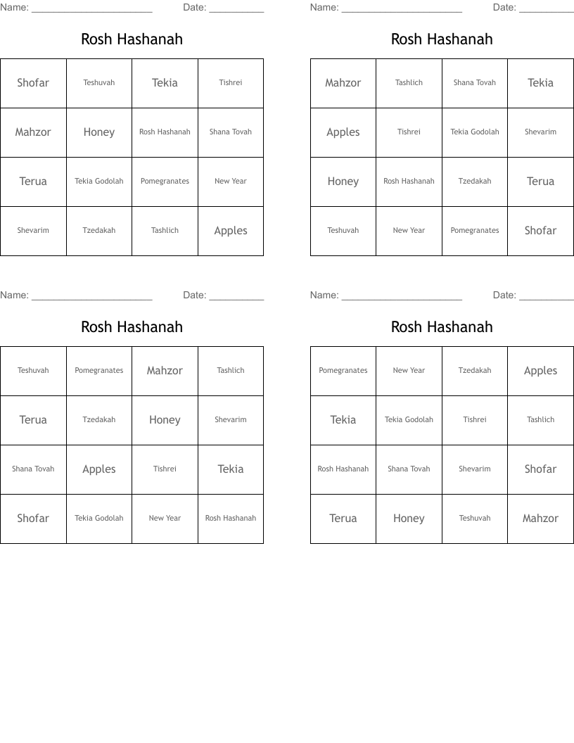 Rosh Hashanah Bingo Cards