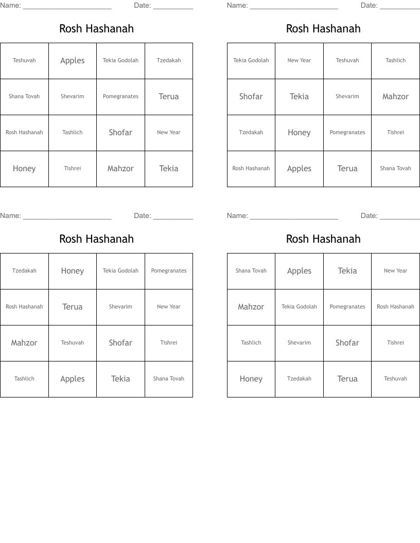 Rosh Hashanah Bingo Cards