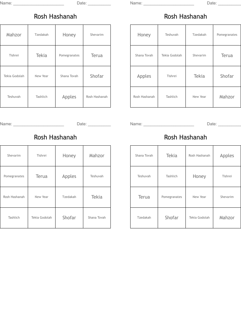Rosh Hashanah Bingo Cards