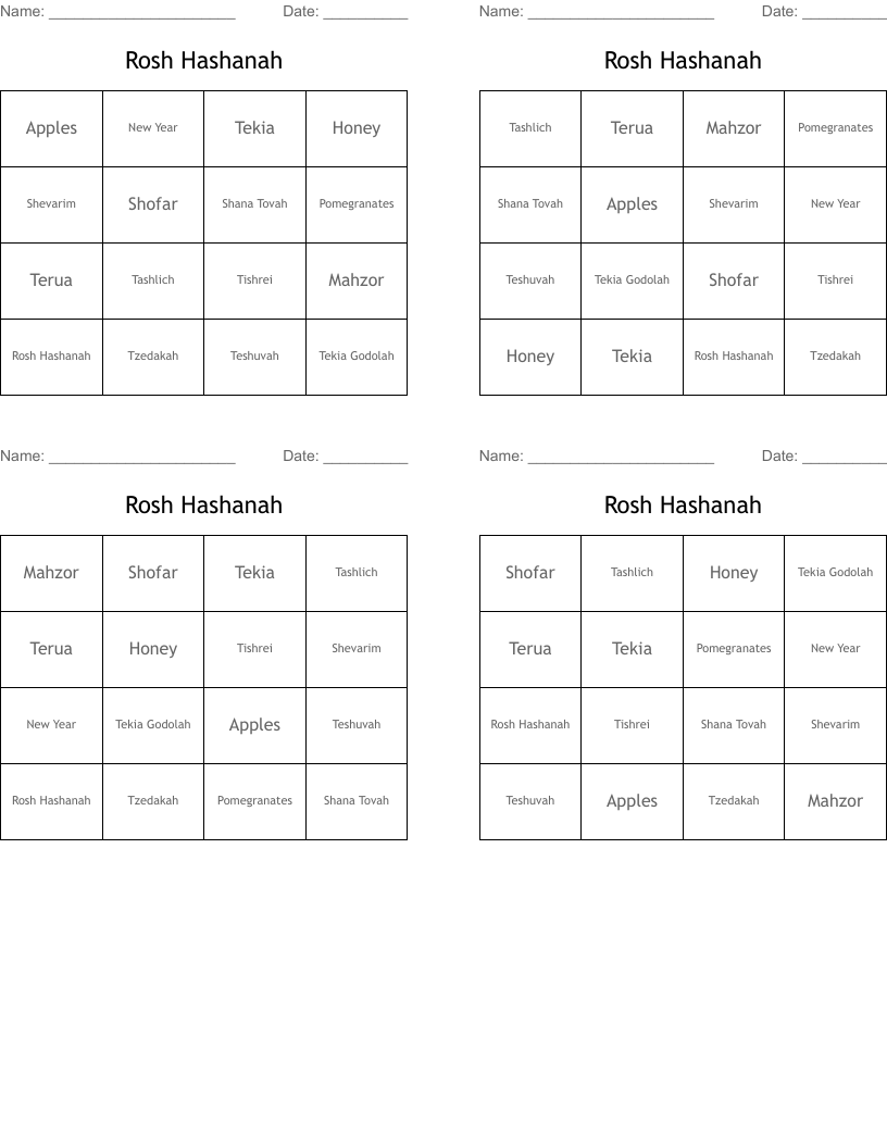 Rosh Hashanah Bingo Cards