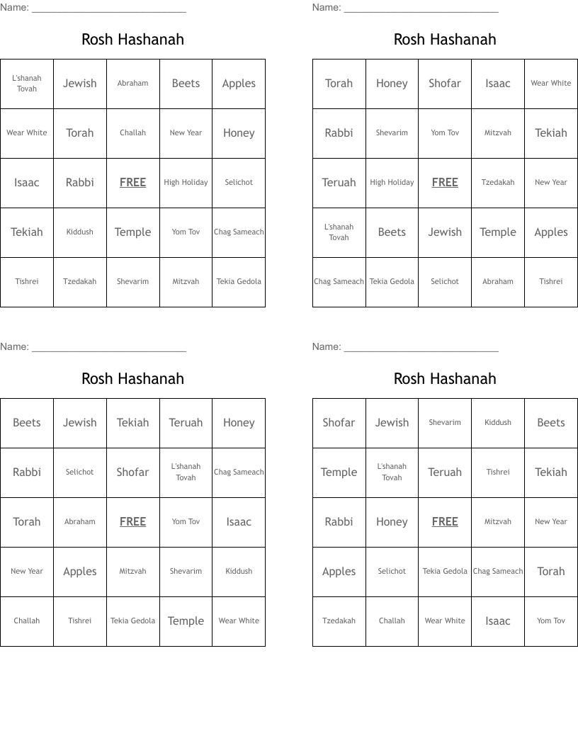 Rosh Hashanah Bingo Cards