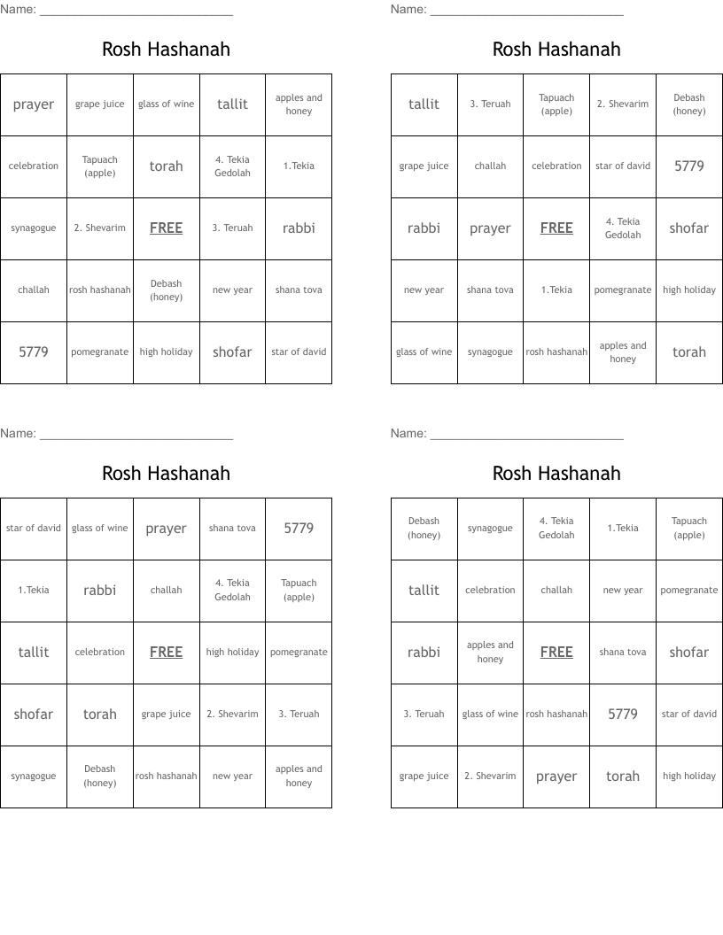 Rosh Hashanah  Bingo Cards