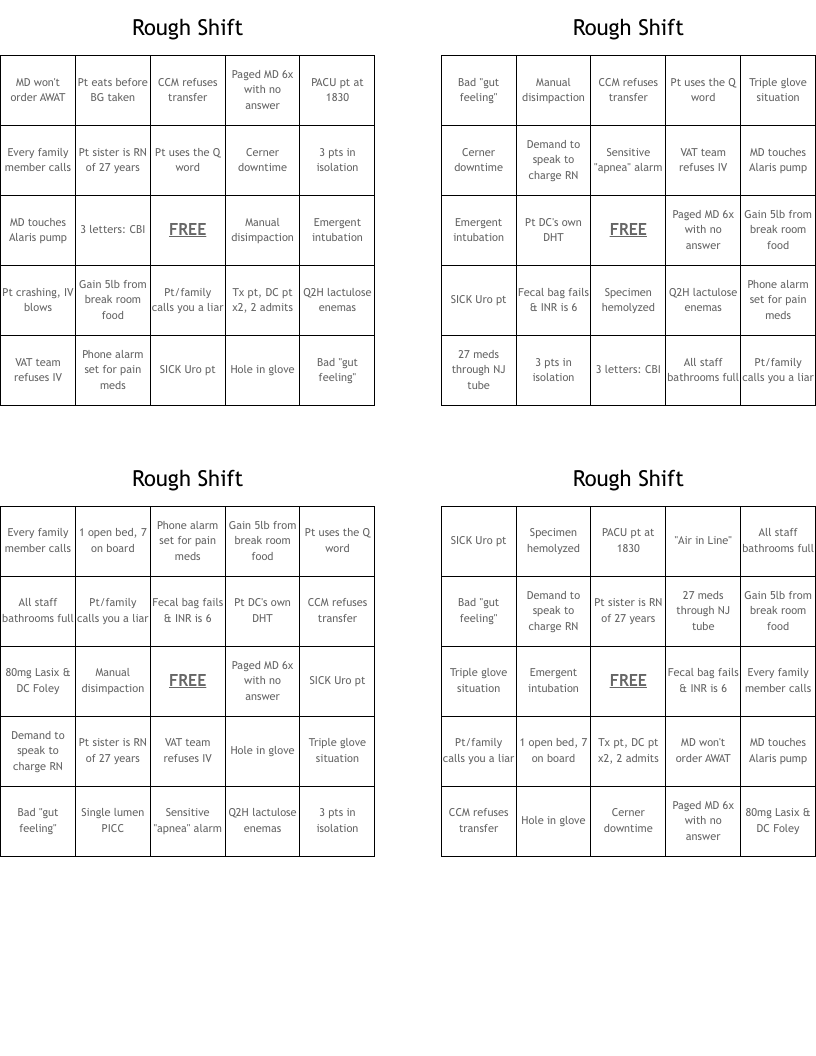 Rough Shift Bingo Cards