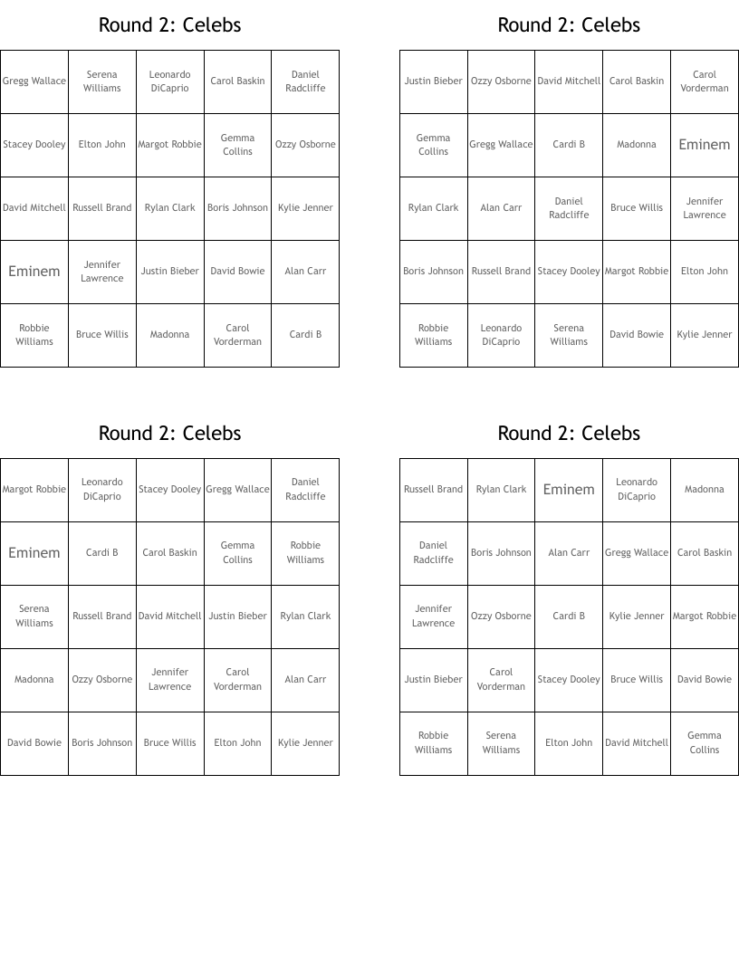 Round 2: Celebs Bingo Cards