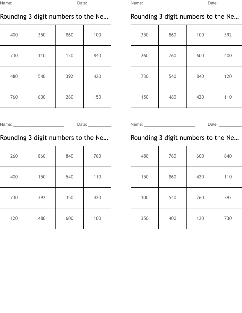 Rounding 3 digit  numbers to the Nearest 10 Bingo Cards