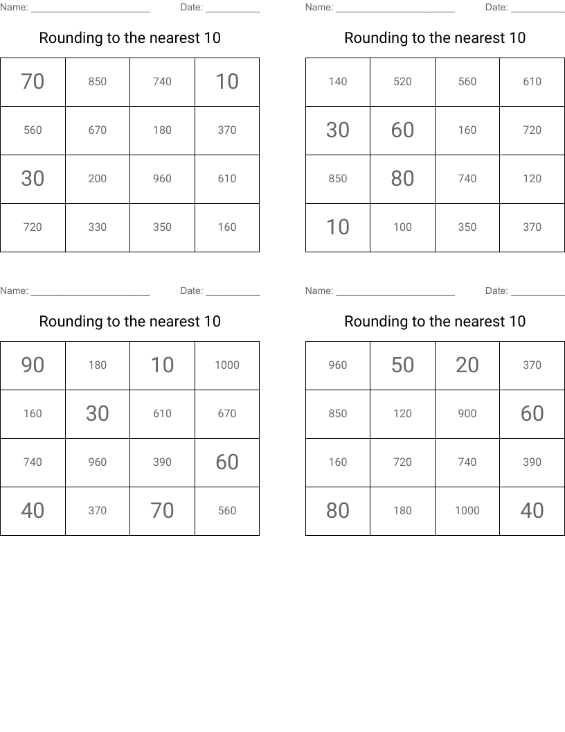 Rounding to the nearest 10 Bingo Cards