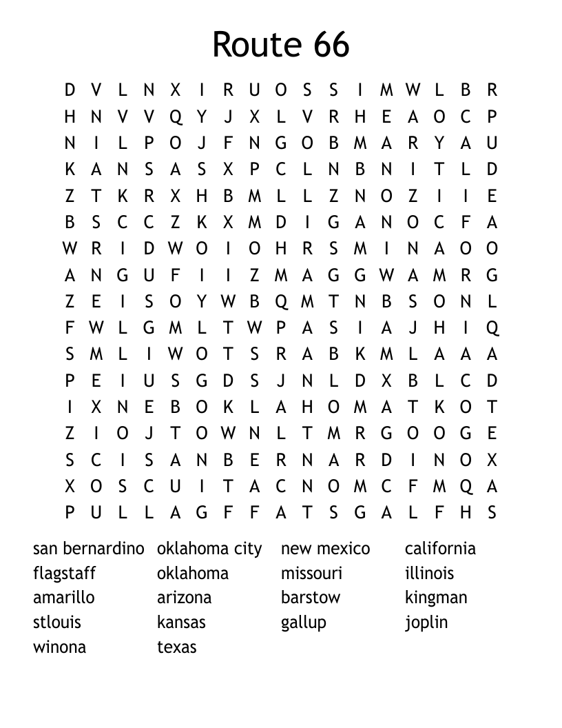 Route 66 Word Search