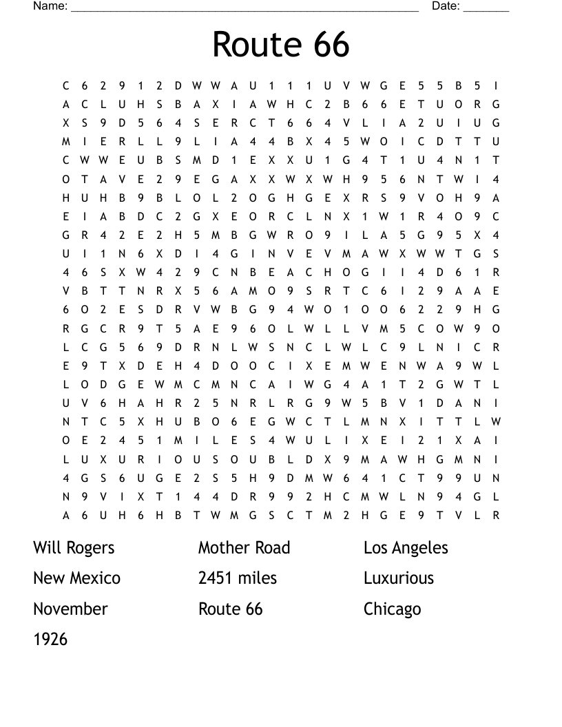 Route 66 Word Search