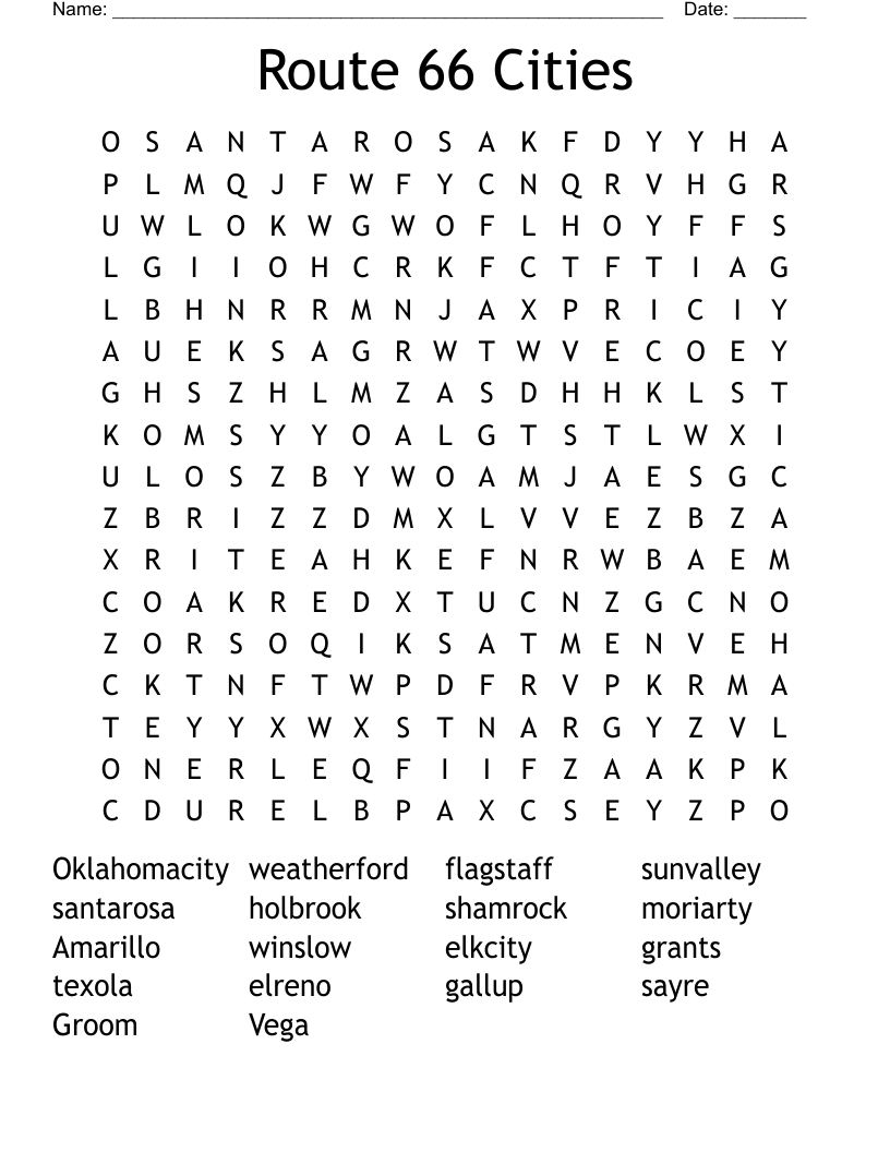 Route 66 Cities Word Search