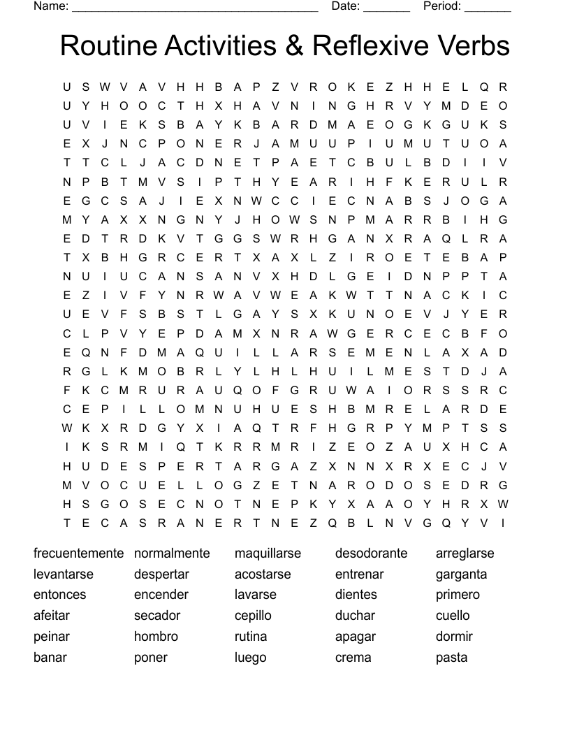 Routine Activities & Reflexive Verbs Word Search