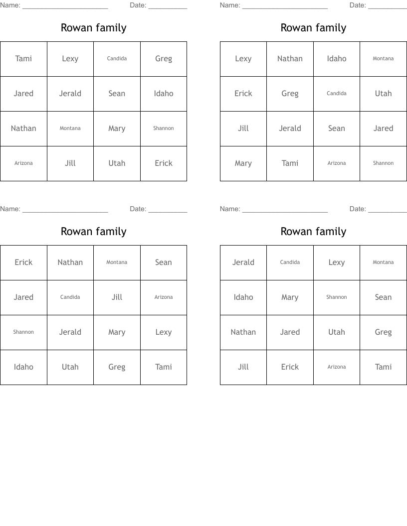 Rowan family Bingo Cards