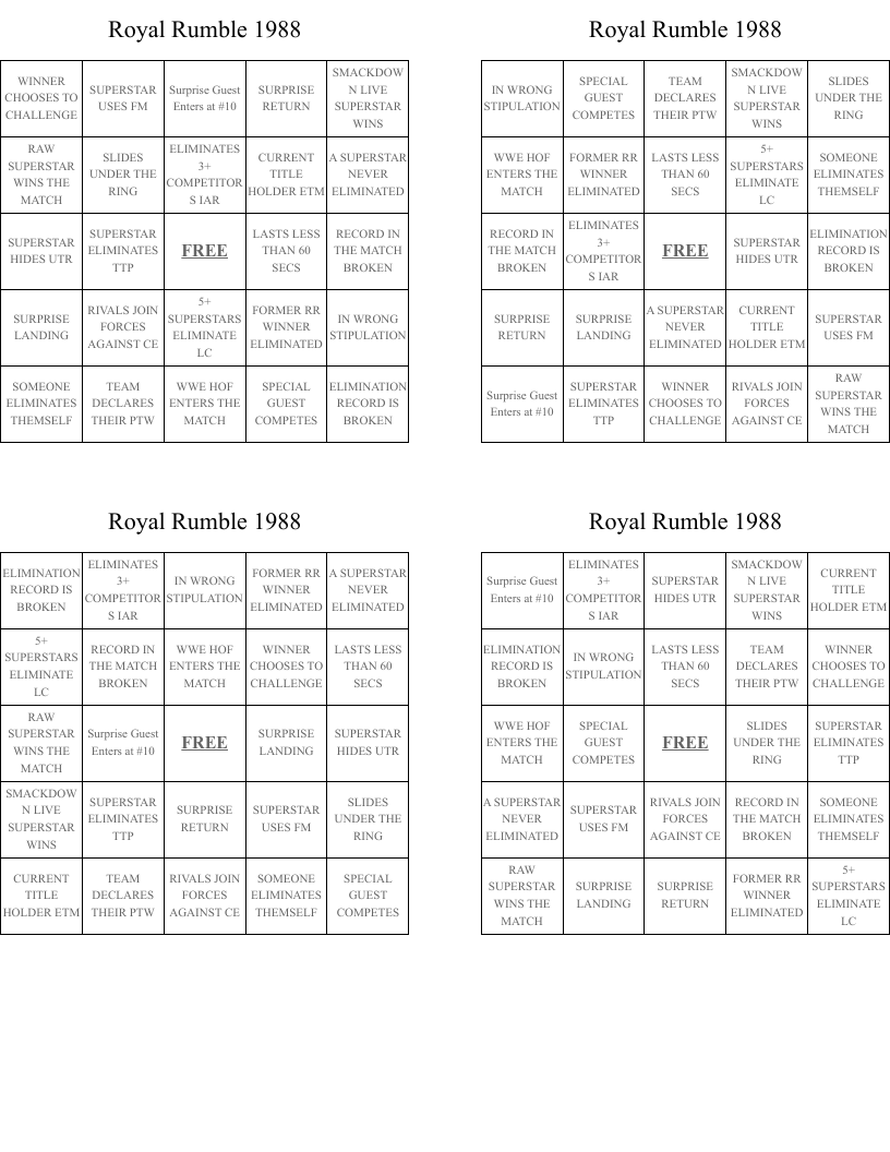 Royal Rumble 1988 Bingo Cards
