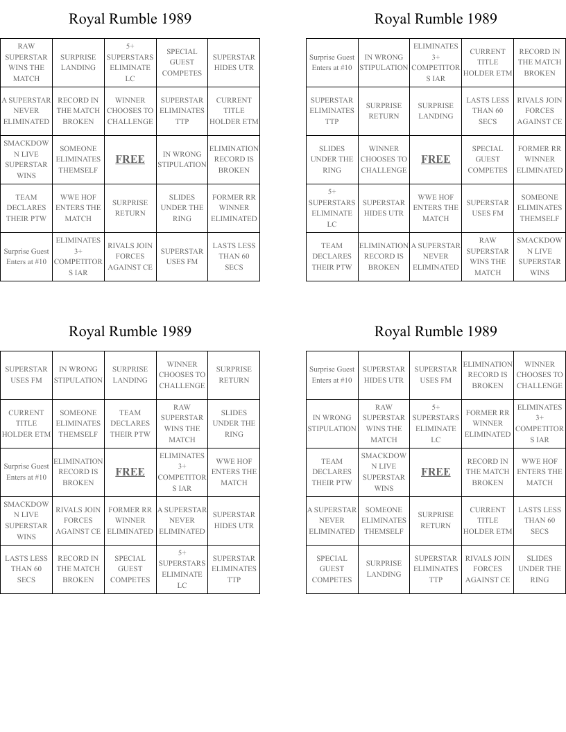 Royal Rumble 1989 Bingo Cards