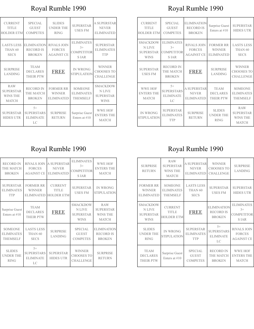 Royal Rumble 1990 Bingo Cards