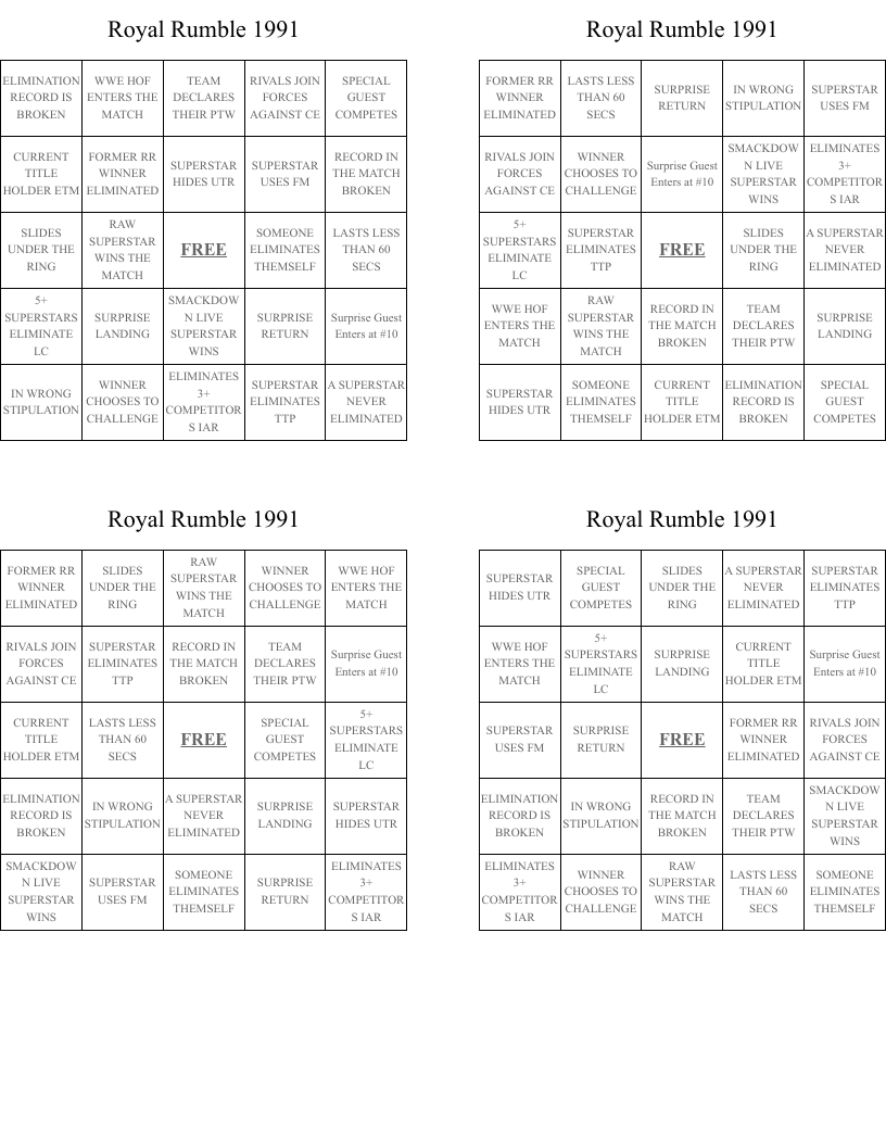 Royal Rumble 1991 Bingo Cards
