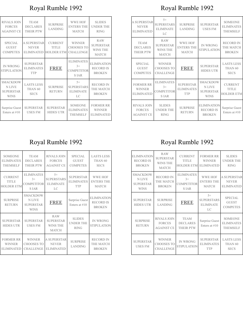 Royal Rumble 1992 Bingo Cards