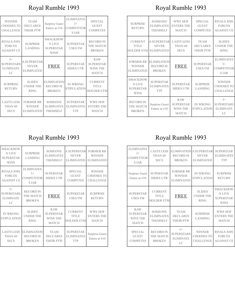 Royal Rumble 1993 Bingo Cards