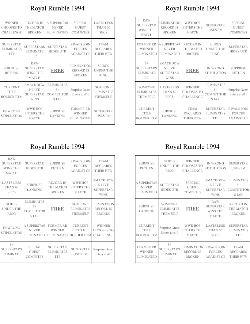 Royal Rumble 1994 Bingo Cards
