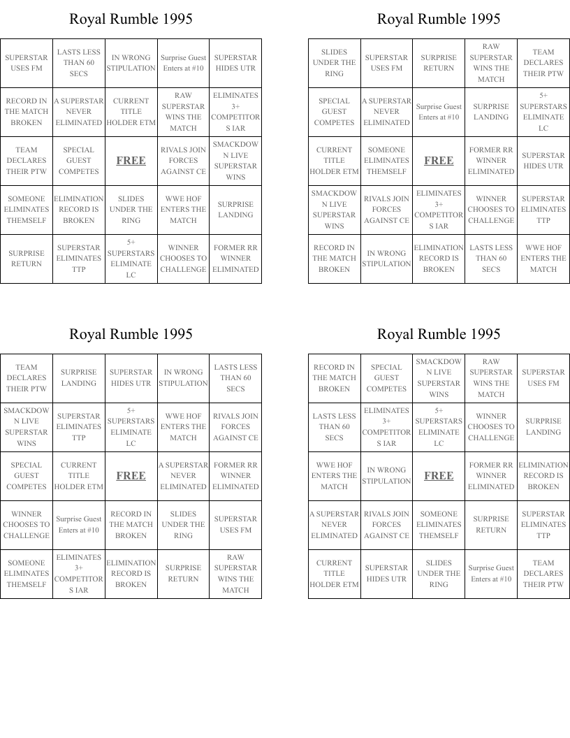 Royal Rumble 1995 Bingo Cards