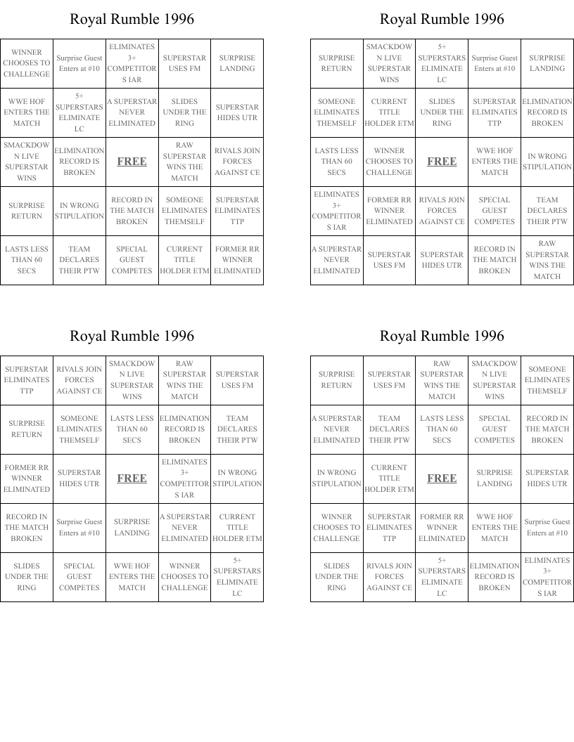 Royal Rumble 1996 Bingo Cards