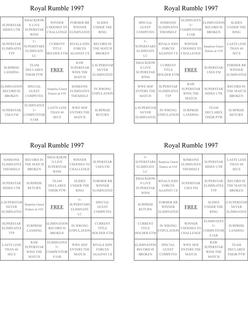 Royal Rumble 1997 Bingo Cards