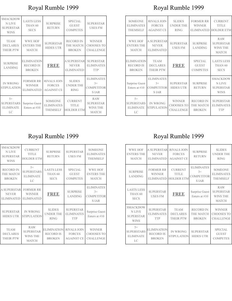 Royal Rumble 1999 Bingo Cards