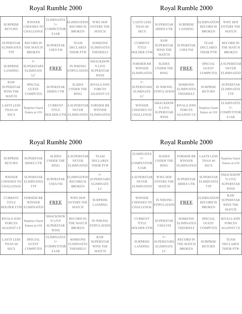 Royal Rumble 2000 Bingo Cards