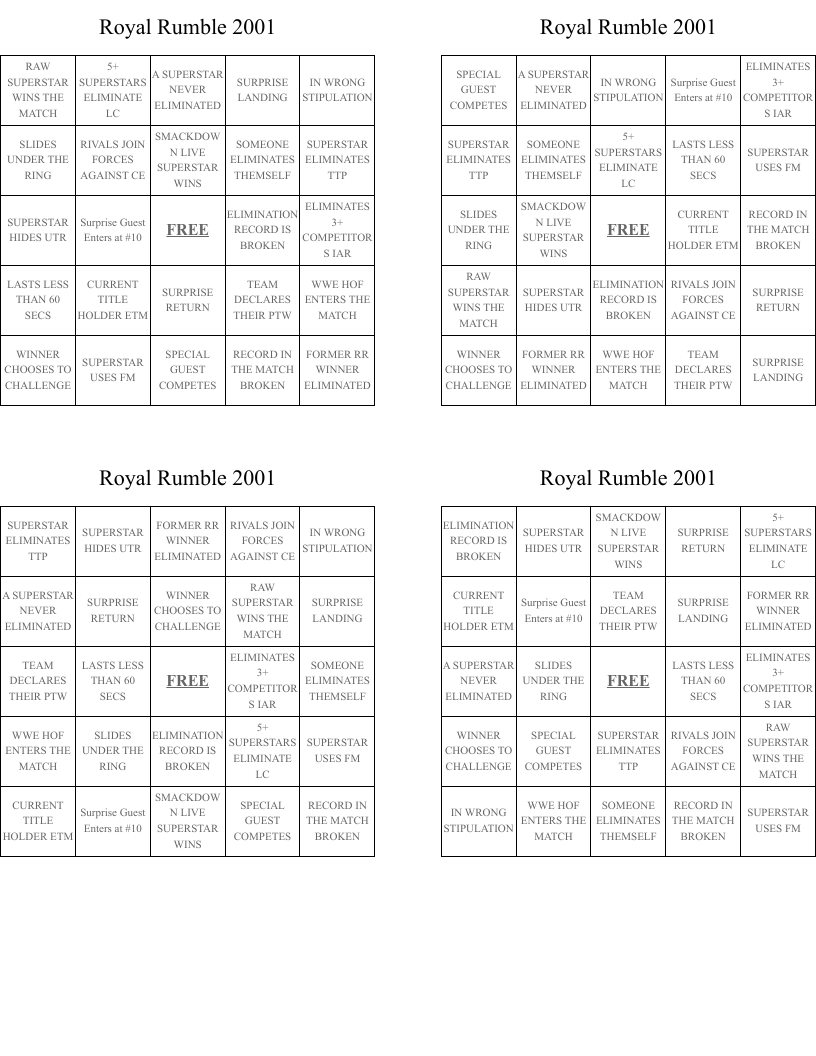 Royal Rumble 2001 Bingo Cards