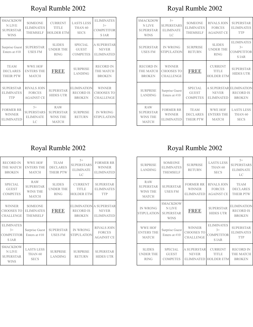 Royal Rumble 2002 Bingo Cards