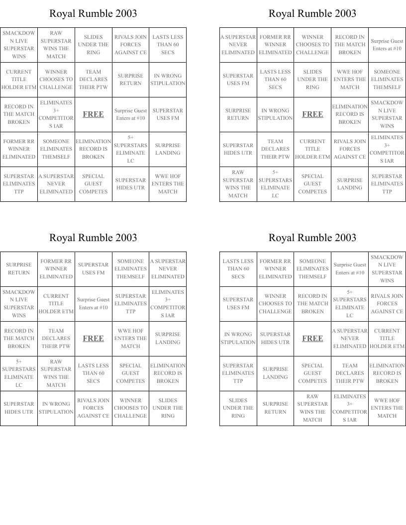 Royal Rumble 2003 Bingo Cards