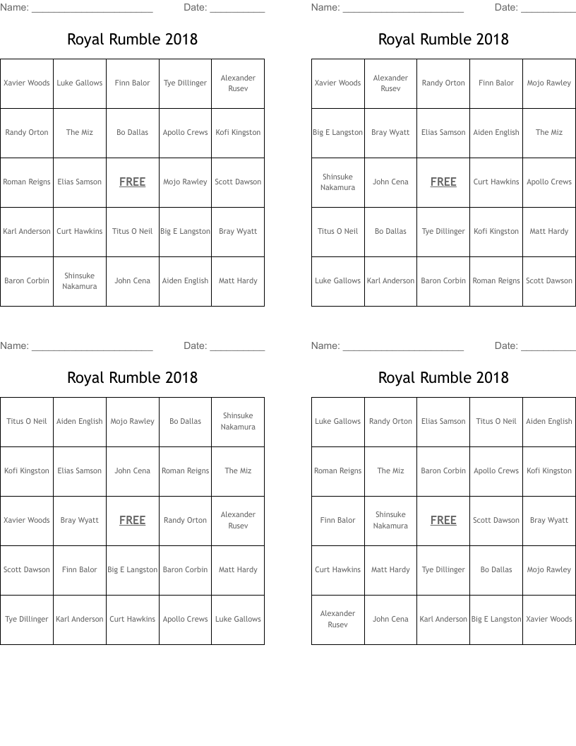 Royal Rumble 2018 Bingo Cards
