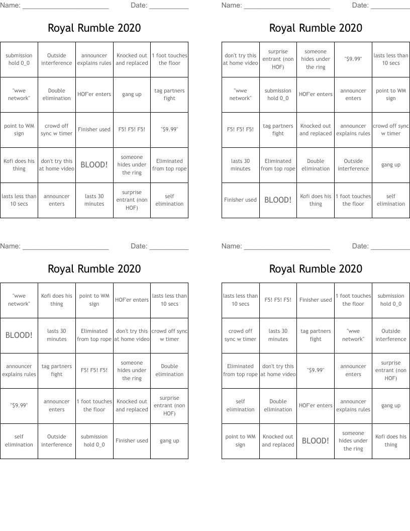 Royal Rumble 2020 Bingo Cards