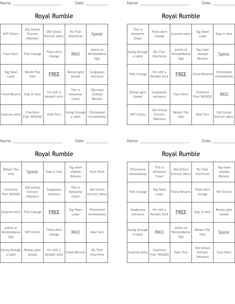 Royal Rumble Bingo Cards