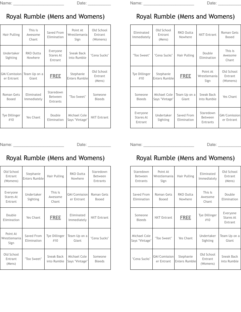 Royal Rumble (Mens and Womens) Bingo Cards