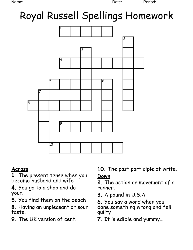 Royal Russell Spellings Homework Crossword