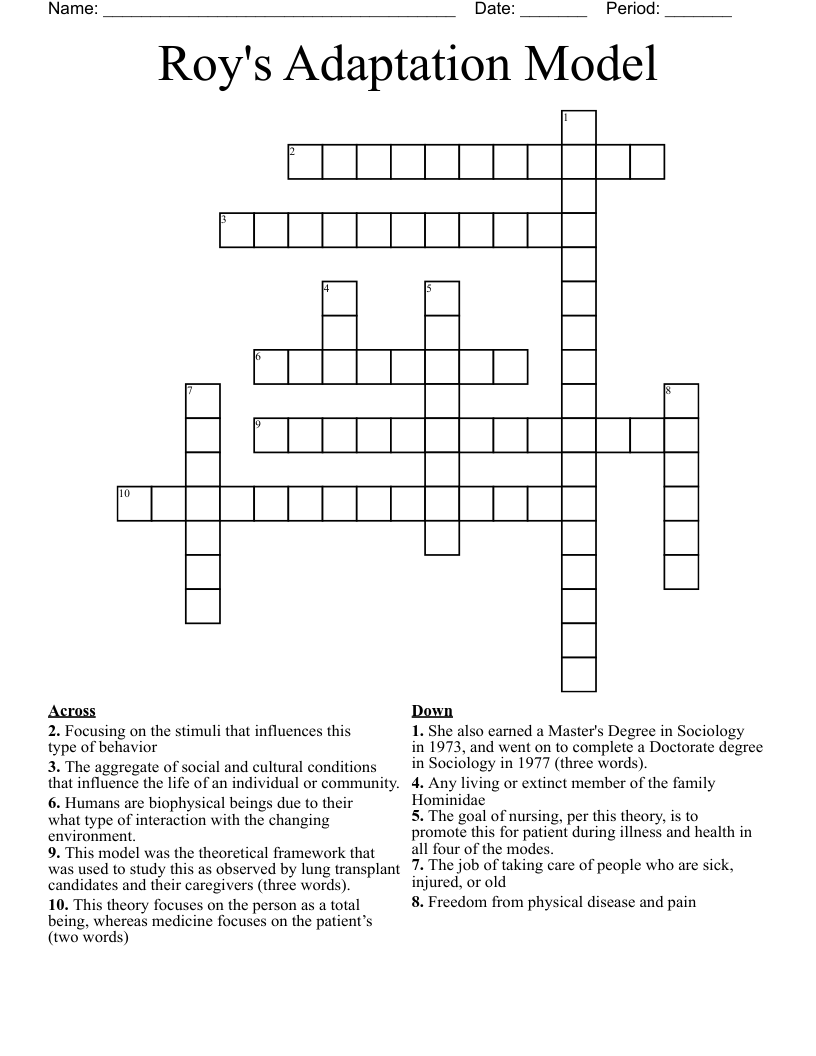 Roy's Adaptation Model Crossword